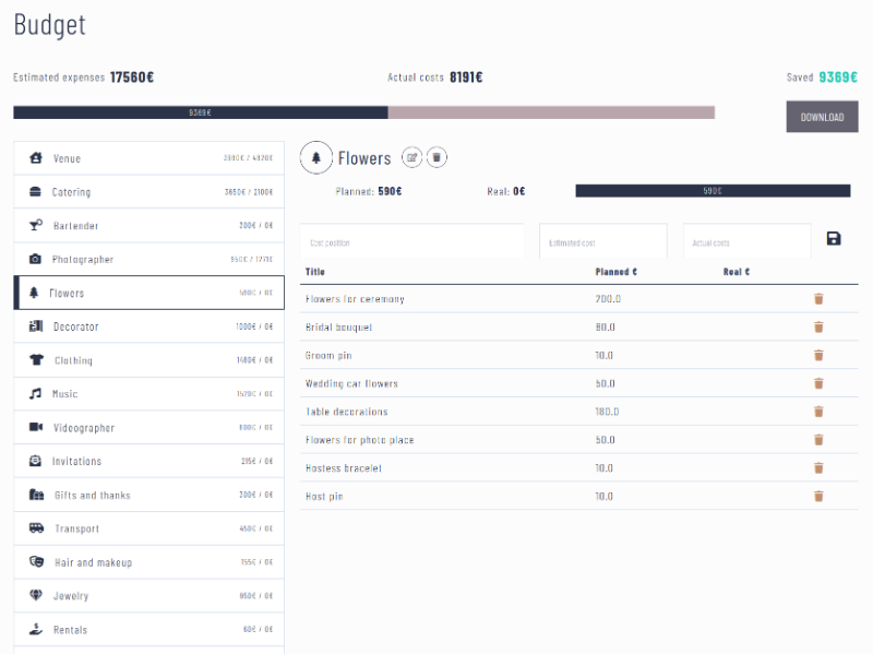 Wedding budget module screenshot